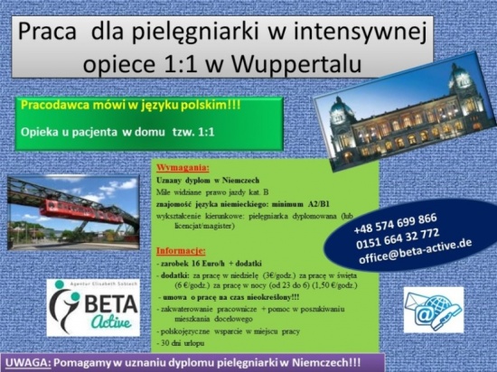 Pielęgniarka, intensywna opieka 1:1 w Wuppertalu, Niemcy